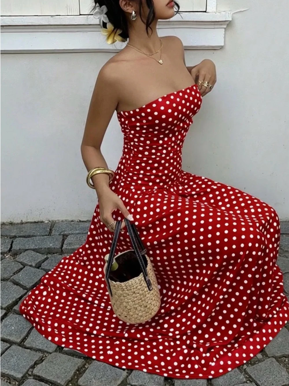 Chic Strapless Red Polka Dot Summer Dress New Boutique - Picture 5 of 7